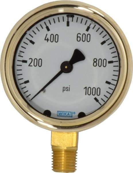 Wika - 2-1/2" Dial, 1/4 Thread, 0-1,000 Scale Range, Pressure Gauge - Lower Connection Mount, Accurate to 1.5% of Scale - Exact Tool & Supply