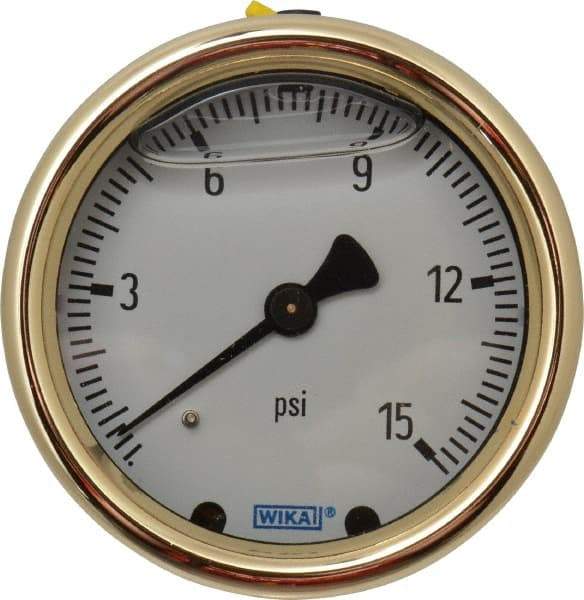 Wika - 2-1/2" Dial, 1/4 Thread, 0-15 Scale Range, Pressure Gauge - Back Connection Mount, Accurate to 1.5% of Scale - Exact Tool & Supply