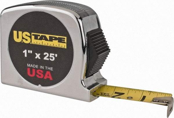 US Tape - 25' x 1" Yellow Blade Tape Measure - 1/32 & 1/16" Graduation, Inch Graduation Style, Silver Case - Exact Tool & Supply