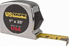 US Tape - 25' x 1" Yellow Blade Tape Measure - 1/32 & 1/16" Graduation, Inch Graduation Style, Silver Case - Exact Tool & Supply