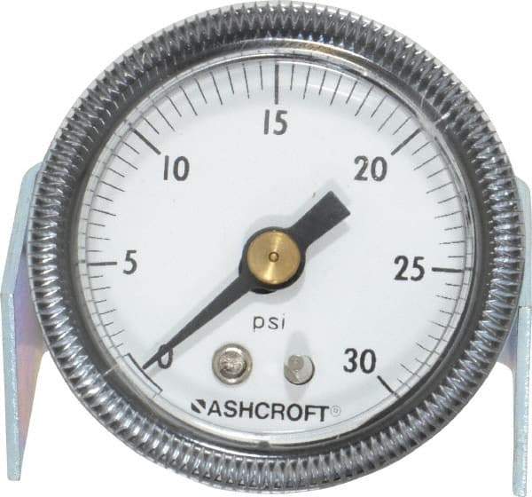 Ashcroft - 1-1/2" Dial, 1/8 Thread, 0-30 Scale Range, Pressure Gauge - Center Back Connection Mount - Exact Tool & Supply