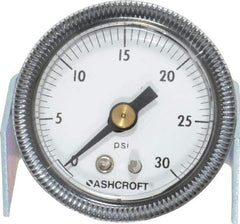 Ashcroft - 1-1/2" Dial, 1/8 Thread, 0-30 Scale Range, Pressure Gauge - Center Back Connection Mount - Exact Tool & Supply