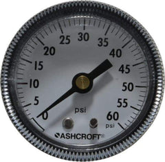 Ashcroft - 2" Dial, 1/4 Thread, 0-60 Scale Range, Pressure Gauge - Center Back Connection Mount - Exact Tool & Supply