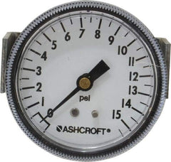 Ashcroft - 2-1/2" Dial, 1/4 Thread, 0-15 Scale Range, Pressure Gauge - Center Back Connection Mount - Exact Tool & Supply