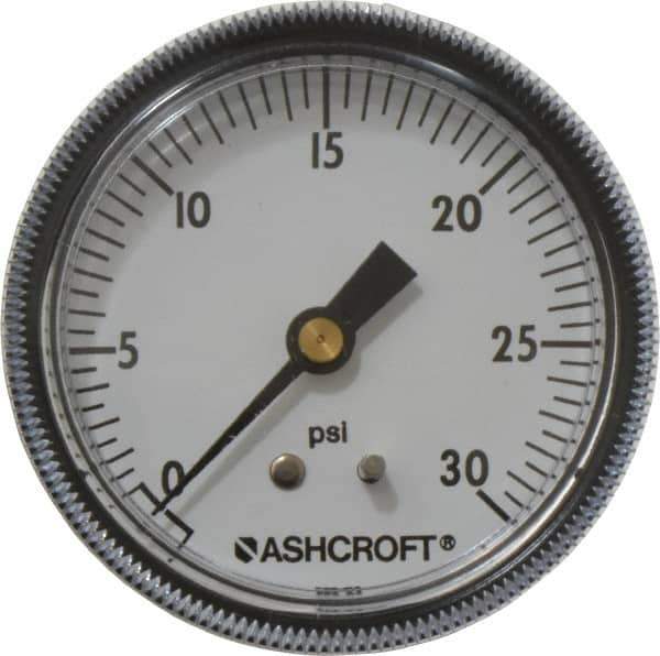 Ashcroft - 2-1/2" Dial, 1/4 Thread, 0-30 Scale Range, Pressure Gauge - Center Back Connection Mount - Exact Tool & Supply