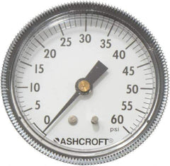 Ashcroft - 2-1/2" Dial, 1/4 Thread, 0-60 Scale Range, Pressure Gauge - Center Back Connection Mount - Exact Tool & Supply