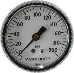 Ashcroft - 2-1/2" Dial, 1/4 Thread, 0-200 Scale Range, Pressure Gauge - Center Back Connection Mount - Exact Tool & Supply
