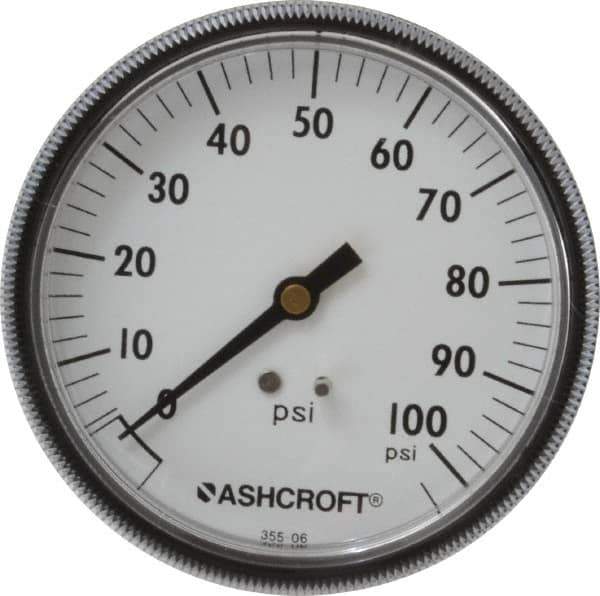 Ashcroft - 3-1/2" Dial, 1/4 Thread, 0-100 Scale Range, Pressure Gauge - Center Back Connection Mount - Exact Tool & Supply