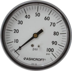 Ashcroft - 3-1/2" Dial, 1/4 Thread, 0-100 Scale Range, Pressure Gauge - Center Back Connection Mount - Exact Tool & Supply