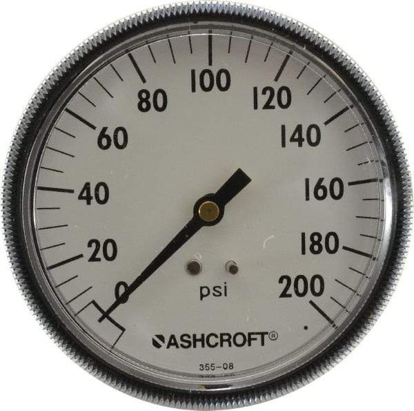 Ashcroft - 3-1/2" Dial, 1/4 Thread, 0-200 Scale Range, Pressure Gauge - Center Back Connection Mount - Exact Tool & Supply