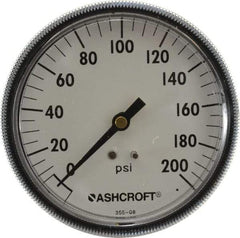 Ashcroft - 3-1/2" Dial, 1/4 Thread, 0-200 Scale Range, Pressure Gauge - Center Back Connection Mount - Exact Tool & Supply
