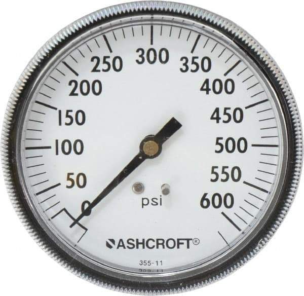 Ashcroft - 3-1/2" Dial, 1/4 Thread, 0-600 Scale Range, Pressure Gauge - Center Back Connection Mount - Exact Tool & Supply