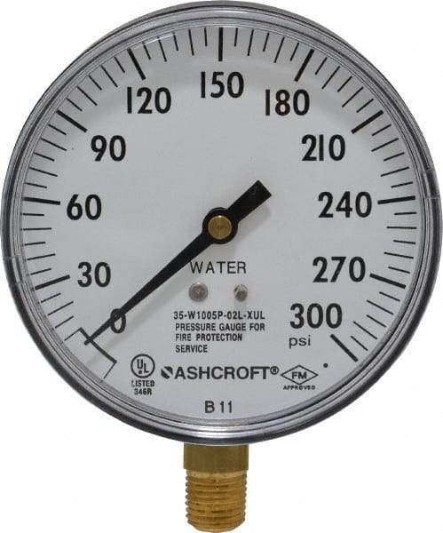Ashcroft - 3-1/2" Dial, 1/4 Thread, 0-300 Scale Range, Pressure Gauge - Lower Connection Mount - Exact Tool & Supply