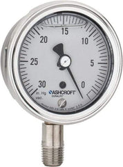 Ashcroft - 2-1/2" Dial, 1/4 Thread, 30-0 Scale Range, Pressure Gauge - Lower Connection Mount, Accurate to 1% of Scale - Exact Tool & Supply