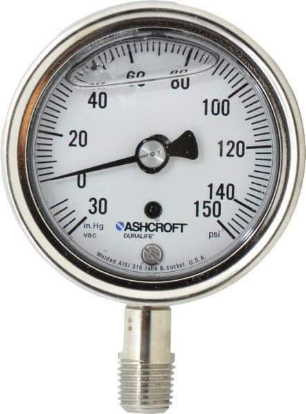 Ashcroft - 2-1/2" Dial, 1/4 Thread, 30-0-150 Scale Range, Pressure Gauge - Lower Connection Mount, Accurate to 1% of Scale - Exact Tool & Supply