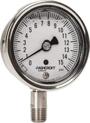 Ashcroft - 2-1/2" Dial, 1/4 Thread, 0-15 Scale Range, Pressure Gauge - Lower Connection Mount, Accurate to 1% of Scale - Exact Tool & Supply