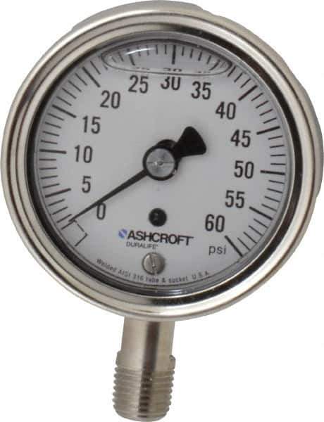 Ashcroft - 2-1/2" Dial, 1/4 Thread, 0-60 Scale Range, Pressure Gauge - Lower Connection Mount, Accurate to 1% of Scale - Exact Tool & Supply