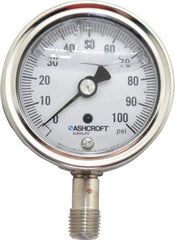 Ashcroft - 2-1/2" Dial, 1/4 Thread, 0-100 Scale Range, Pressure Gauge - Lower Connection Mount, Accurate to 1% of Scale - Exact Tool & Supply
