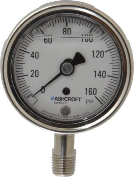 Ashcroft - 2-1/2" Dial, 1/4 Thread, 0-160 Scale Range, Pressure Gauge - Lower Connection Mount, Accurate to 1% of Scale - Exact Tool & Supply