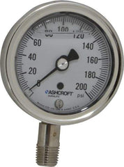 Ashcroft - 2-1/2" Dial, 1/4 Thread, 0-200 Scale Range, Pressure Gauge - Lower Connection Mount, Accurate to 1% of Scale - Exact Tool & Supply