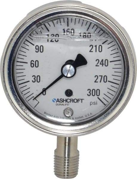 Ashcroft - 2-1/2" Dial, 1/4 Thread, 0-300 Scale Range, Pressure Gauge - Lower Connection Mount, Accurate to 1% of Scale - Exact Tool & Supply