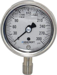 Ashcroft - 2-1/2" Dial, 1/4 Thread, 0-300 Scale Range, Pressure Gauge - Lower Connection Mount, Accurate to 1% of Scale - Exact Tool & Supply