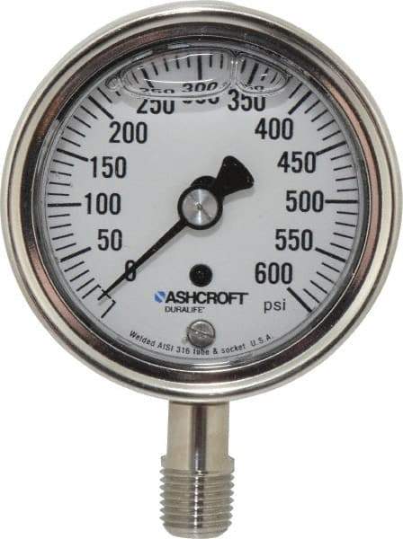 Ashcroft - 2-1/2" Dial, 1/4 Thread, 0-600 Scale Range, Pressure Gauge - Lower Connection Mount, Accurate to 1% of Scale - Exact Tool & Supply