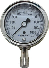 Ashcroft - 2-1/2" Dial, 1/4 Thread, 0-1,000 Scale Range, Pressure Gauge - Lower Connection Mount, Accurate to 1% of Scale - Exact Tool & Supply