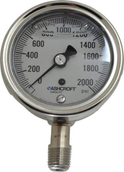 Ashcroft - 2-1/2" Dial, 1/4 Thread, 0-2,000 Scale Range, Pressure Gauge - Lower Connection Mount, Accurate to 1% of Scale - Exact Tool & Supply