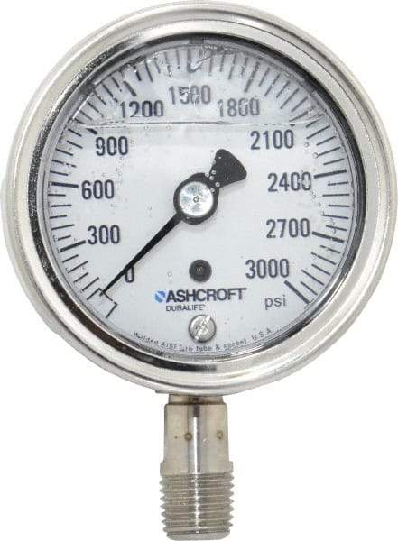 Ashcroft - 2-1/2" Dial, 1/4 Thread, 0-3,000 Scale Range, Pressure Gauge - Lower Connection Mount, Accurate to 1% of Scale - Exact Tool & Supply