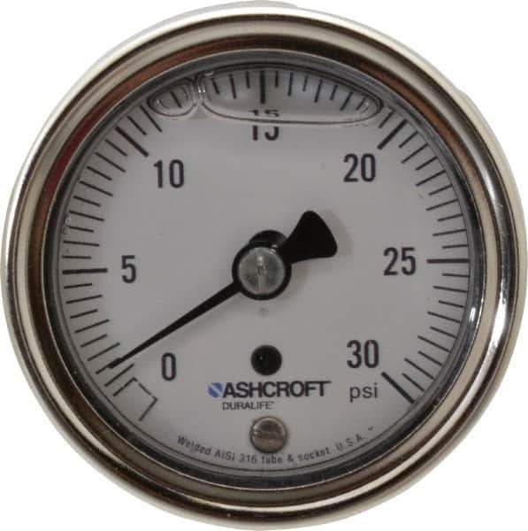 Ashcroft - 2-1/2" Dial, 1/4 Thread, 0-30 Scale Range, Pressure Gauge - Center Back Connection Mount, Accurate to 1% of Scale - Exact Tool & Supply