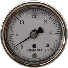 Ashcroft - 2-1/2" Dial, 1/4 Thread, 0-30 Scale Range, Pressure Gauge - Center Back Connection Mount, Accurate to 1% of Scale - Exact Tool & Supply