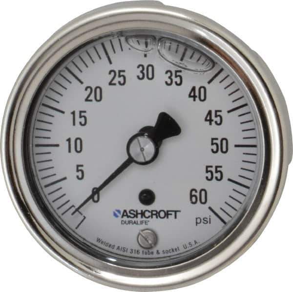Ashcroft - 2-1/2" Dial, 1/4 Thread, 0-60 Scale Range, Pressure Gauge - Center Back Connection Mount, Accurate to 1% of Scale - Exact Tool & Supply