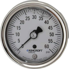 Ashcroft - 2-1/2" Dial, 1/4 Thread, 0-60 Scale Range, Pressure Gauge - Center Back Connection Mount, Accurate to 1% of Scale - Exact Tool & Supply