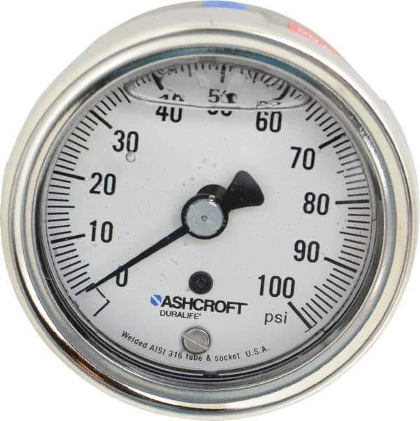 Ashcroft - 2-1/2" Dial, 1/4 Thread, 0-100 Scale Range, Pressure Gauge - Center Back Connection Mount, Accurate to 1% of Scale - Exact Tool & Supply