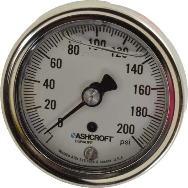Ashcroft - 2-1/2" Dial, 1/4 Thread, 0-200 Scale Range, Pressure Gauge - Center Back Connection Mount, Accurate to 1% of Scale - Exact Tool & Supply