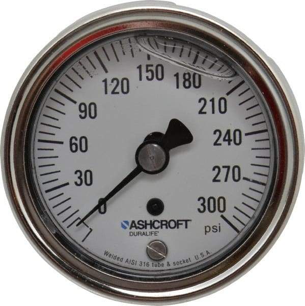Ashcroft - 2-1/2" Dial, 1/4 Thread, 0-300 Scale Range, Pressure Gauge - Center Back Connection Mount, Accurate to 1% of Scale - Exact Tool & Supply