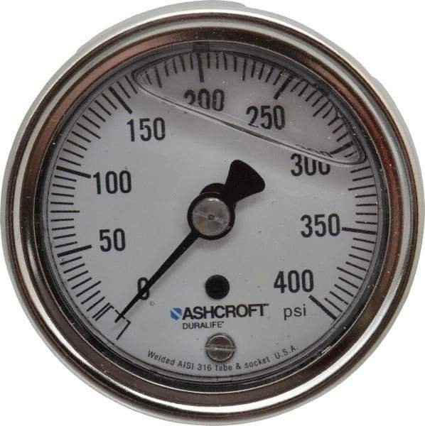 Ashcroft - 2-1/2" Dial, 1/4 Thread, 0-400 Scale Range, Pressure Gauge - Center Back Connection Mount, Accurate to 1% of Scale - Exact Tool & Supply