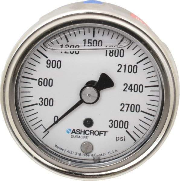 Ashcroft - 2-1/2" Dial, 1/4 Thread, 0-3,000 Scale Range, Pressure Gauge - Center Back Connection Mount, Accurate to 1% of Scale - Exact Tool & Supply