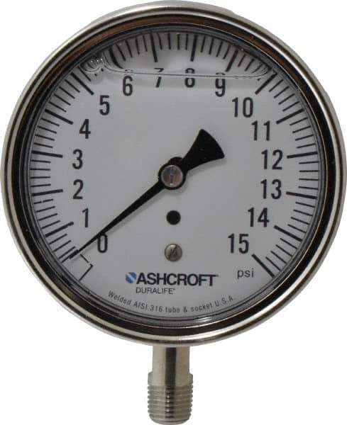 Ashcroft - 3-1/2" Dial, 1/4 Thread, 0-15 Scale Range, Pressure Gauge - Lower Connection Mount, Accurate to 1% of Scale - Exact Tool & Supply