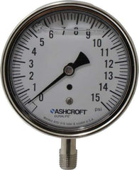 Ashcroft - 3-1/2" Dial, 1/4 Thread, 0-15 Scale Range, Pressure Gauge - Lower Connection Mount, Accurate to 1% of Scale - Exact Tool & Supply