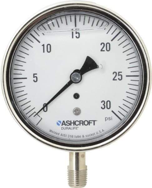 Ashcroft - 3-1/2" Dial, 1/4 Thread, 0-30 Scale Range, Pressure Gauge - Lower Connection Mount, Accurate to 1% of Scale - Exact Tool & Supply