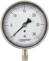 Ashcroft - 3-1/2" Dial, 1/4 Thread, 0-30 Scale Range, Pressure Gauge - Lower Connection Mount, Accurate to 1% of Scale - Exact Tool & Supply