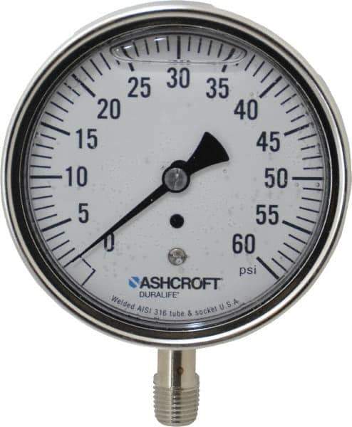 Ashcroft - 3-1/2" Dial, 1/4 Thread, 0-60 Scale Range, Pressure Gauge - Lower Connection Mount, Accurate to 1% of Scale - Exact Tool & Supply