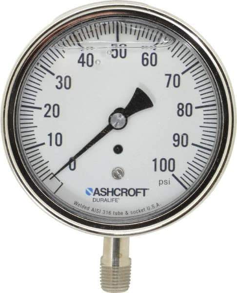 Ashcroft - 3-1/2" Dial, 1/4 Thread, 0-100 Scale Range, Pressure Gauge - Lower Connection Mount, Accurate to 1% of Scale - Exact Tool & Supply