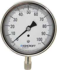 Ashcroft - 3-1/2" Dial, 1/4 Thread, 0-100 Scale Range, Pressure Gauge - Lower Connection Mount, Accurate to 1% of Scale - Exact Tool & Supply