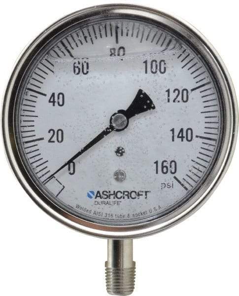 Ashcroft - 3-1/2" Dial, 1/4 Thread, 0-160 Scale Range, Pressure Gauge - Lower Connection Mount, Accurate to 1% of Scale - Exact Tool & Supply