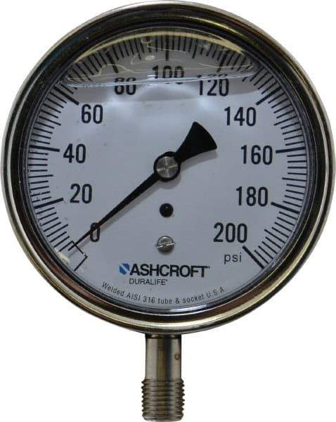 Ashcroft - 3-1/2" Dial, 1/4 Thread, 0-200 Scale Range, Pressure Gauge - Lower Connection Mount, Accurate to 1% of Scale - Exact Tool & Supply