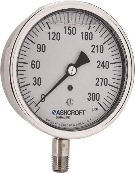 Ashcroft - 3-1/2" Dial, 1/4 Thread, 0-300 Scale Range, Pressure Gauge - Lower Connection Mount, Accurate to 1% of Scale - Exact Tool & Supply