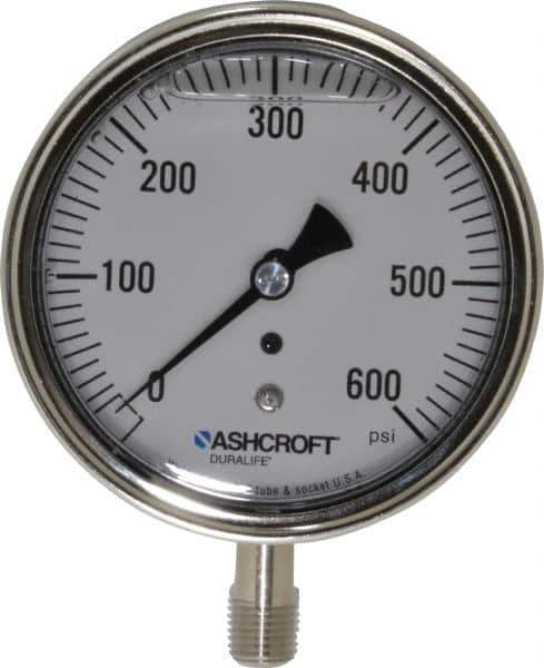 Ashcroft - 3-1/2" Dial, 1/4 Thread, 0-600 Scale Range, Pressure Gauge - Lower Connection Mount, Accurate to 1% of Scale - Exact Tool & Supply